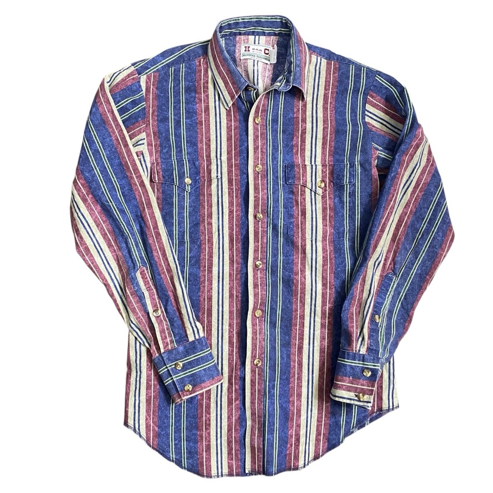 H Bar C Western Shirt VTG Button Up Striped 15 Long Sleeve USA Made Brushpopper